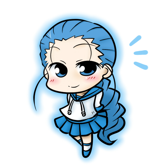 blue_eyes, blue_hair, blush, character_request, forehead, kanban_musume_wa_sashiosae, kusuri_no_marjoram, ponytail