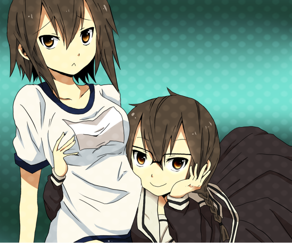 2girls, bad_id, braid, breast_grab, breasts, brown_eyes, brown_hair, durarara!!