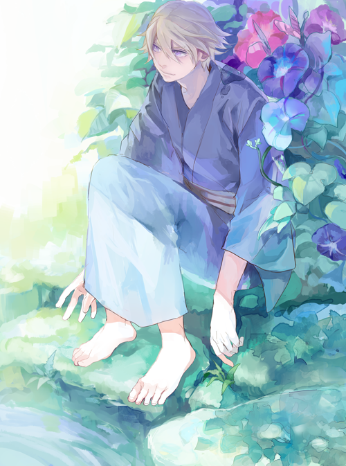 barefoot, blonde_hair, facial_hair, feet, flower, ivan_karelin, japanese_clothes, kimono