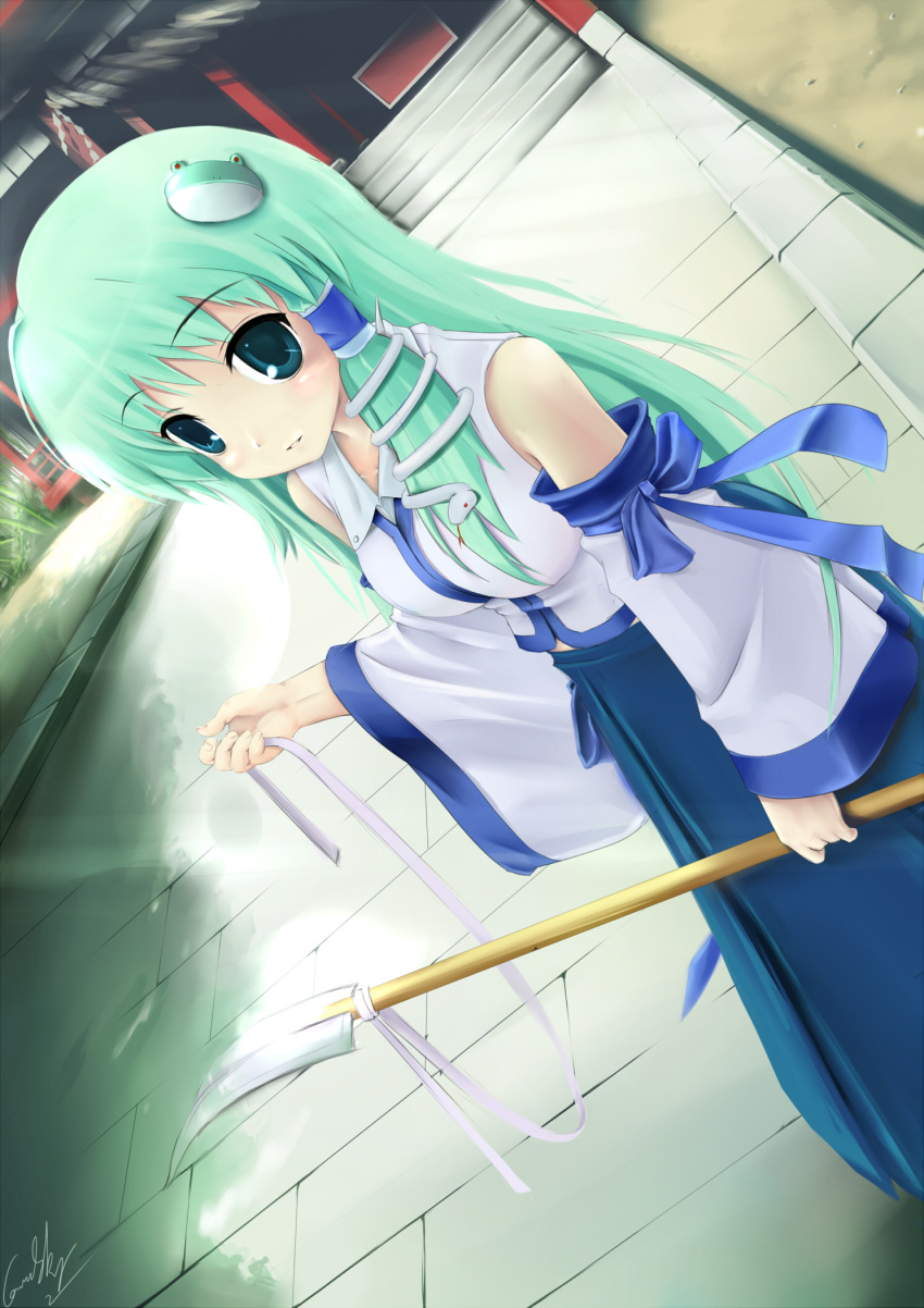 1girl, blue_sleeves, blush, breasts, cowinsky, detached_sleeves, frog, gohei