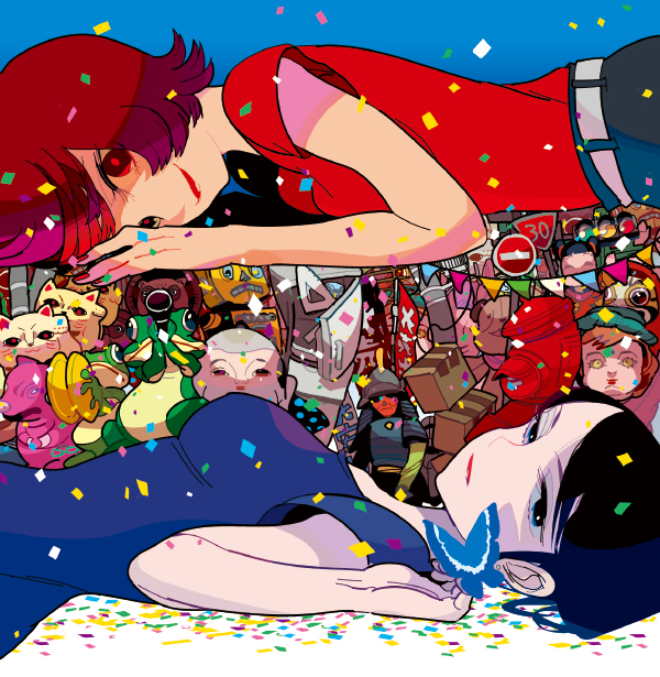 blue_eyes, butterfly, chiba_atsuko, doll, dual_persona, lipstick, looking_at_viewer, lying, makeup, maruco, paprika, paprika_(character), red_hair, redhead, short_hair