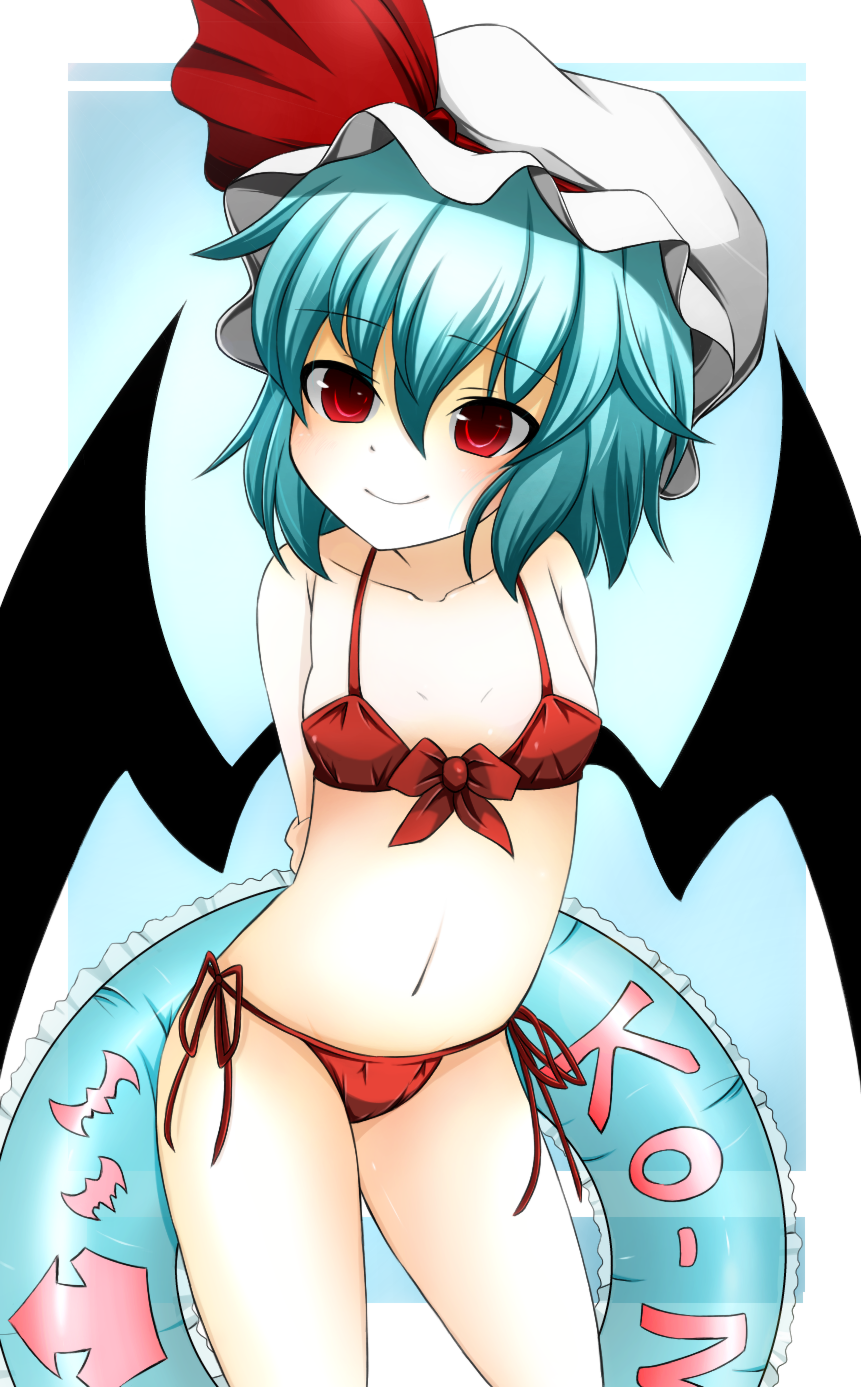 bat_wings, bikini, blue_hair, fumi_(fumifumi-graffiti), hat, highres, innertube, red_eyes