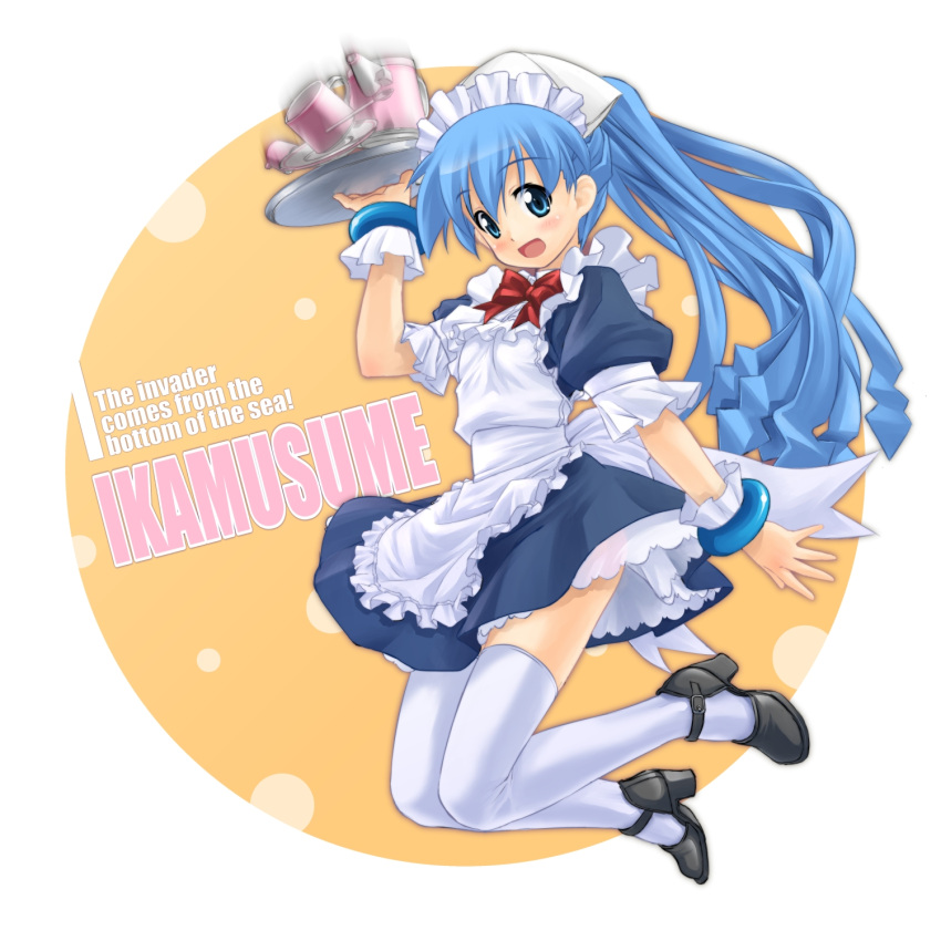 blue_hair, cup, highres, ikamusume, long_hair, maid, mao9721, mao_(6r)