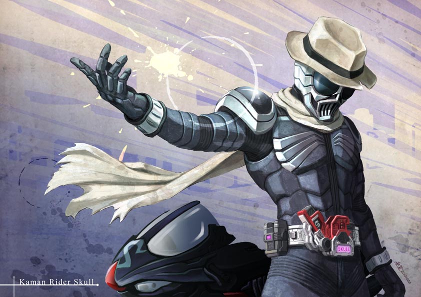 fedora, hat, kamen_rider, kamen_rider_skull, kamen_rider_w, kongcool, motor_vehicle, motorcycle, scarf, solo, vehicle