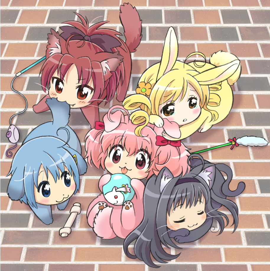 akemi_homura, animal_ears, animalization, ball, black_hair, blonde_hair, blue_hair, bow