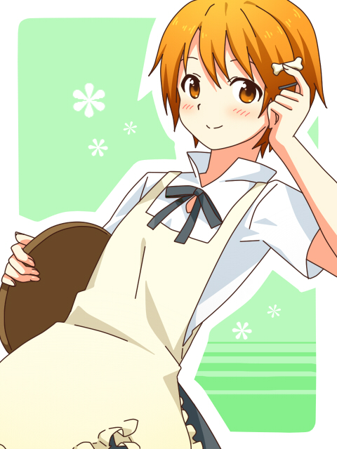 hair_ornament, hairpin, inami_mahiru, orange_eyes, orange_hair, sanchoume, short_hair, waitress
