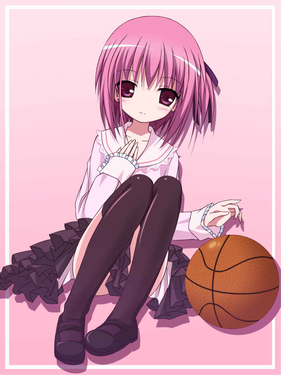 black_legwear, derivative_work, hair_ribbon, highres, kirara-sakura, minato_tomoka, pink_eyes, pink_hair, ribbon, ro-kyu-bu!, rou-kyuu-bu!, school_uniform, short_hair, smile, solo, thigh-highs, thighhighs