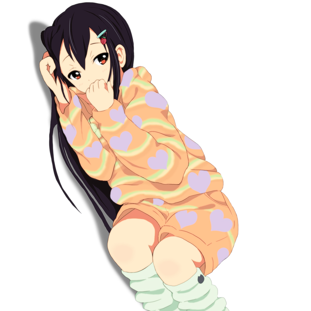 blush, brown_eyes, cat, food, footwear, fruit, hair_ornament, hairpin