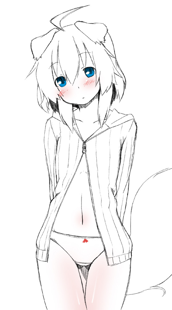 ahoge, animal_ears, arms_behind_back, blue_eyes, dog_ears, dog_tail, flat_chest, graphite_(medium)