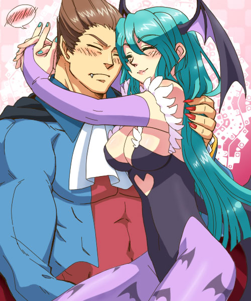 bare_shoulders, bat_wings, blush, breasts, brown_hair, capcom, cleavage, demitri_maximoff