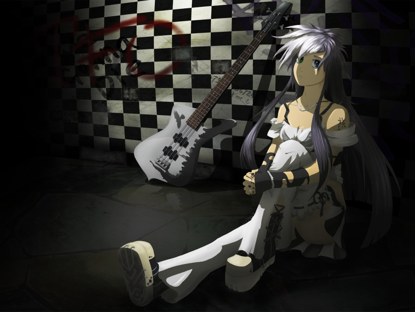 bare_shoulders, bicolored_eyes, bracelet, dark, graffiti, grey_hair, guitar, heterochromia