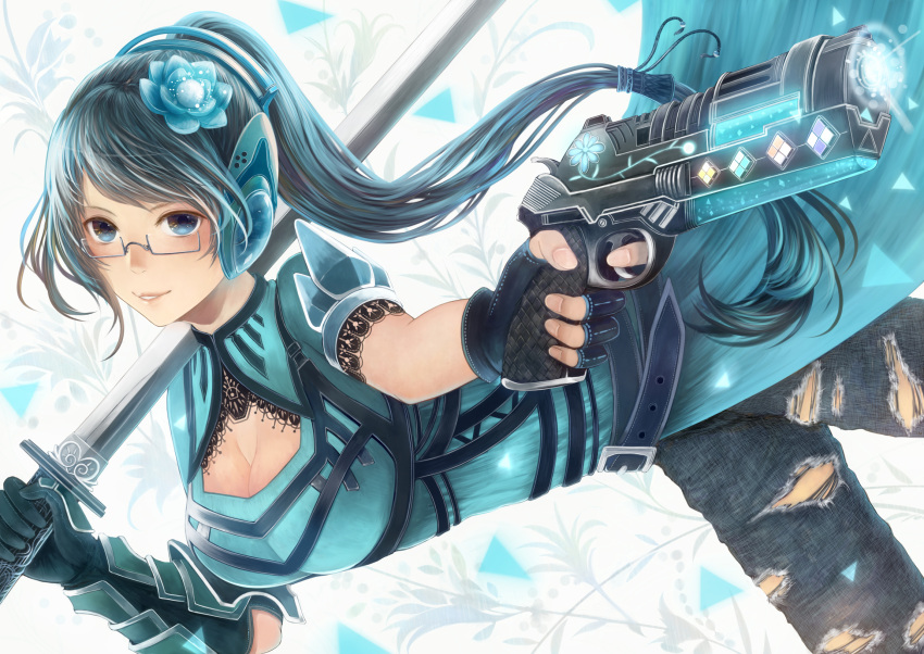 armor, bou_nin, cleavage, glasses, gun, headphones, original, ponytail