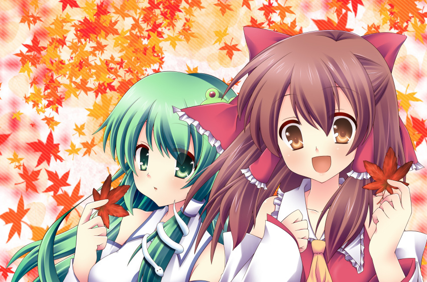 ascot, bow, brown_eyes, brown_hair, bust, detached_sleeves, frog, green_eyes