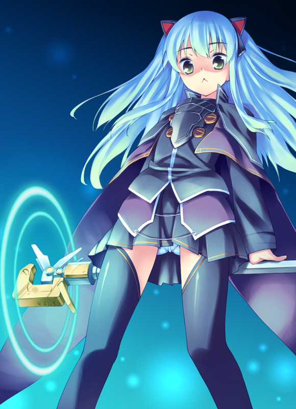 aqua_hair, cape, eiyuu_densetsu, eiyuu_densetsu_ao_no_kiseki, falcom, green_eyes, hoshizaki_hikaru, panties