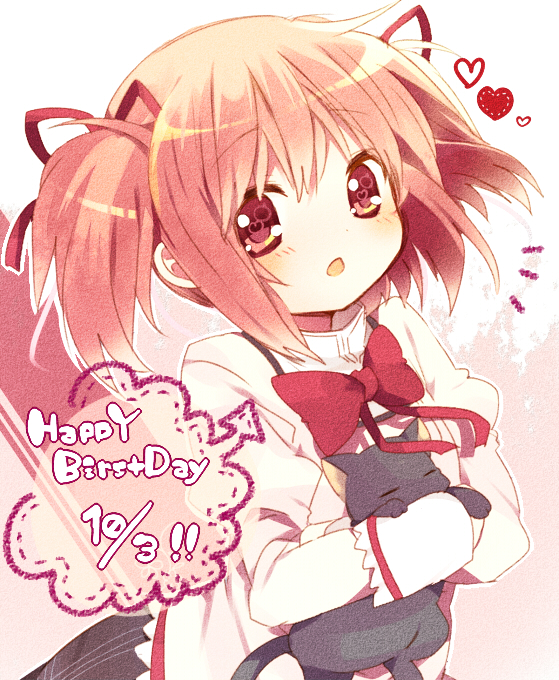 1girl, :o, amy_(madoka_magica), animal, animal_hug, blush, bow, bust, carrying, cat, hair_ribbon, happy_birthday, heart, hetaling, kaname_madoka, looking_at_viewer, mahou_shoujo_madoka_magica, open_mouth, pink_eyes, pink_hair, ribbon, school_uniform, shin_(hetaling), solo, twintails