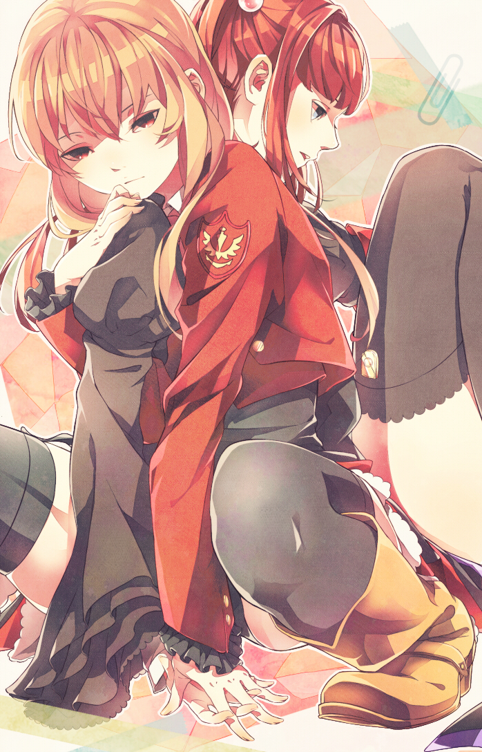 armband, black_legwear, blue_eyes, boots, brown_hair, hand_holding, holding_hands, long_hair
