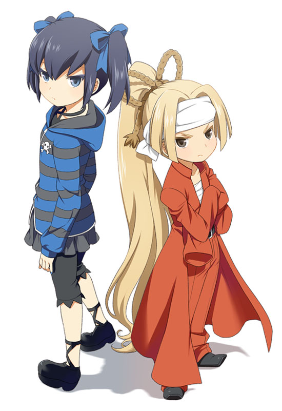 blonde_hair, cross-laced_footwear, crossed_arms, danball_senki, hoodie, long_hair, mattaku_mosuke, mikage_mika, multiple_girls, oversized_clothes, ponytail, sarashi, shoes, skirt, skull_and_crossbones, sleeves_past_wrists, striped, twintails, very_long_hair, yazawa_riko