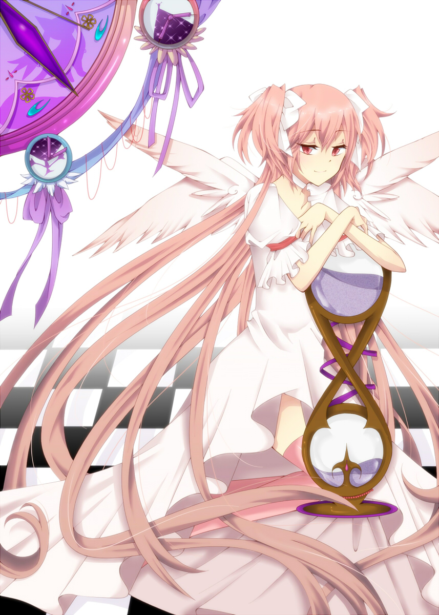 angel_wings, artist_request, bad_id, bow, checkerboard, checkered, checkered_floor, clock