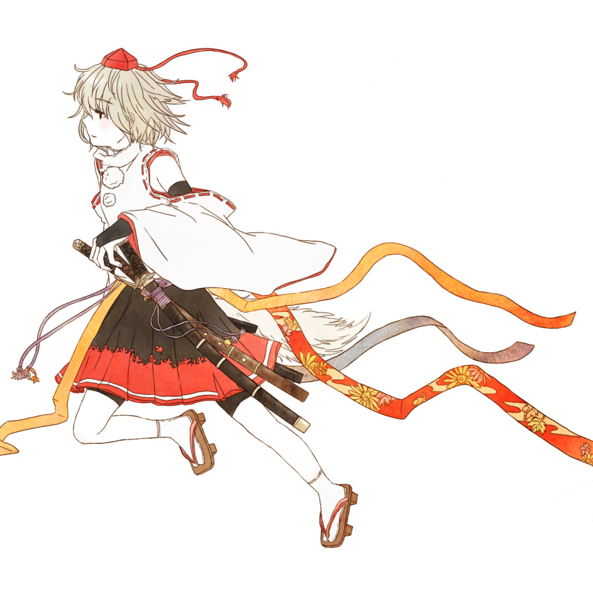 bad_id, bike_shorts, bridal_gauntlets, detached_sleeves, geta, hat, highres, inubashiri_momiji