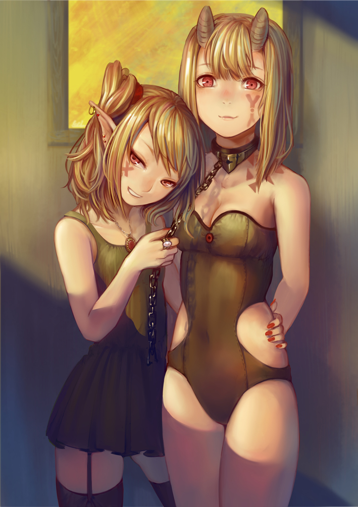 arms_behind_back, bare_shoulders, bdsm, blonde_hair, bondage, breasts, chain, chains, cleavage, collar, dress, earrings, elf, facial_mark, garter_straps, grin, horns, jewelry, leash, leotard, multiple_girls, nail_polish, naughty_face, navel, necklace, original, pointy_ears, red_eyes, siblings, side_ponytail, sisters, slave, smile, tattoo, thigh-highs, thighhighs, tyun, yuri