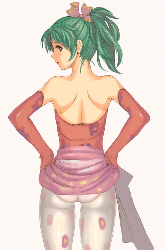 ass, back, bare_shoulders, blue_eyes, earrings, elbow_gloves, final_fantasy, final_fantasy_vi