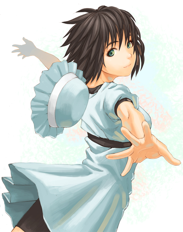black_hair, dress, face, foreshortening, hands, hat, hat_removed, headwear_removed