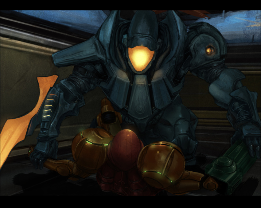 helpless, highres, metroid, nintendo, pinned, ponytail, power_suit, sage_(artist), sage_(mami1210), samus_aran, science_fiction, size_difference, weavel, wrist_grab, you_gonna_get_raped