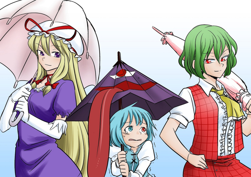 ascot, blonde_hair, blue_eyes, blue_hair, bow, breasts, closed_umbrella, dress, fuuzasa, green_hair, hair_bow, hat, heterochromia, karakasa_obake, kazami_yuuka, long_hair, multiple_girls, plaid, plaid_skirt, plaid_vest, purple_eyes, red_eyes, ribbon, scared, short_hair, skirt, skirt_set, smile, tatara_kogasa, tears, tongue, touhou, trembling, umbrella, vest, violet_eyes, yakumo_yukari, youkai, zabaniya