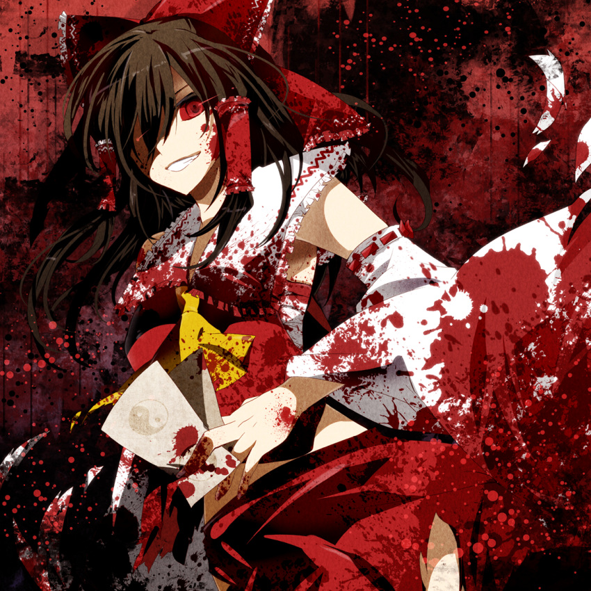 akatsuki_yakyou, ascot, blood, bow, brown_hair, detached_sleeves, grin, hair_bow, hair_over_one_eye, hair_tubes, hakurei_reimu, long_hair, midriff, miko, ofuda, onimiko, red_eyes, red_sclera, smile, solo, touhou, yin_yang