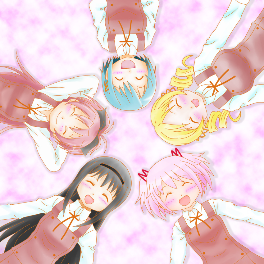 akemi_homura, black_hair, blonde_hair, blue_hair, bow, circle_formation, company_connection, cosplay, creator_connection, dp_nobi, drill_hair, hairband, hidamari_sketch, highres, kaname_madoka, long_hair, mahou_shoujo_madoka_magica, miki_sayaka, mizuhashi_kaori, multiple_girls, open_mouth, pink_hair, red_hair, redhead, ribbon, sakura_kyouko, school_uniform, seiyuu_connection, shaft, short_hair, short_twintails, smile, tomoe_mami, twin_drills, twintails