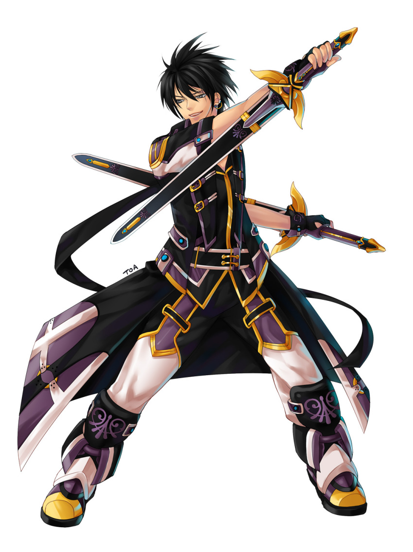aerknard_sieghart, black_hair, coat, dual_wielding, earrings, fingerless_gloves, gloves, grand_chase