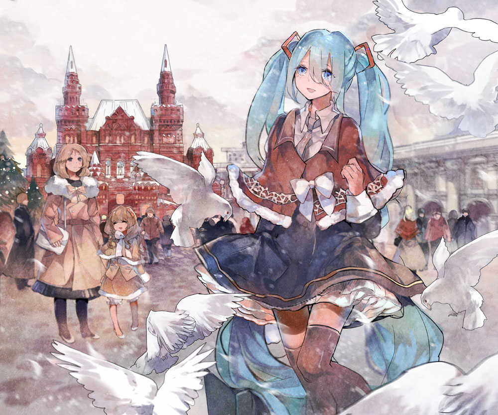 aqua_hair, bird, bow, hatsune_miku, long_hair, moscow, necktie, red_square