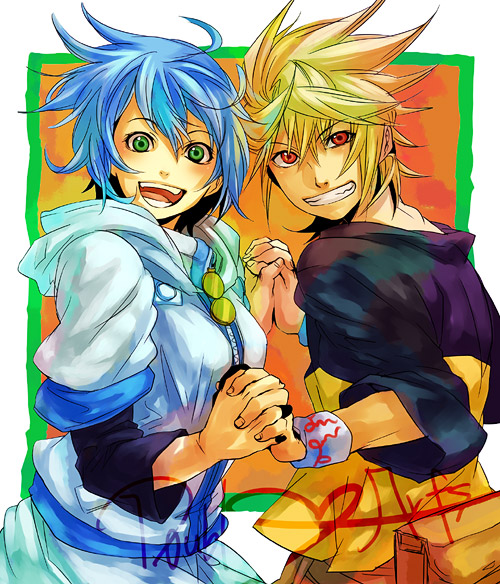 blonde_hair, blue_hair, double_arts, figarette_elraine, green_eyes, hand_holding, holding_hands, hoodie