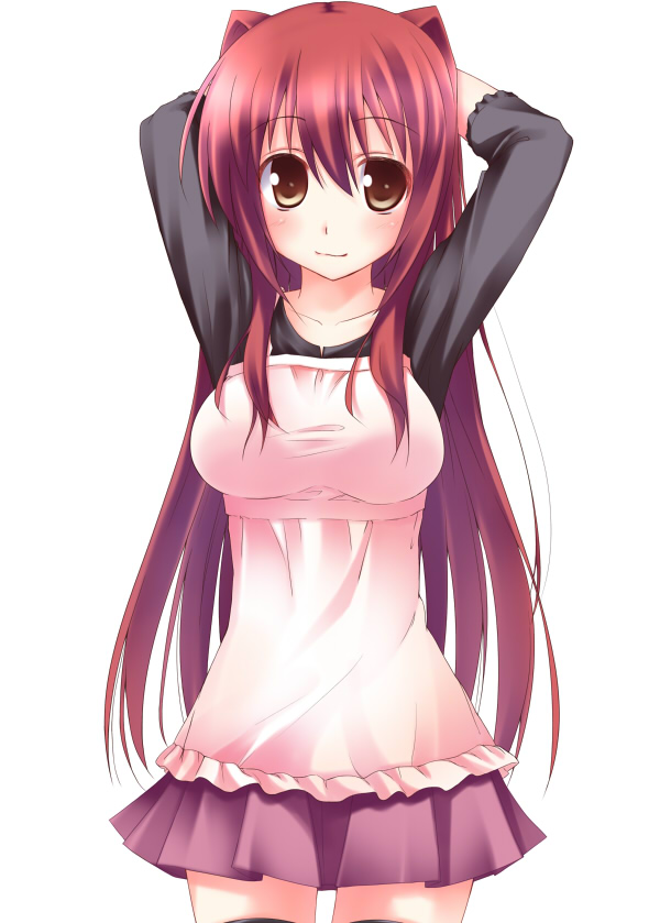 1girl, arms_up, blush, breasts, casual, female, kousaka_tamaki, kue