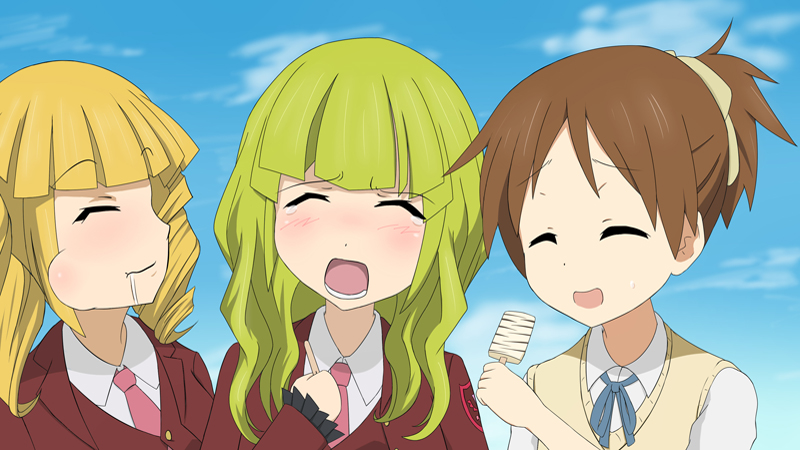 3girls, beelzebub, crossover, closed_eyes, green_hair, hirasawa_ui, k-on!, leviathan_(umineko)