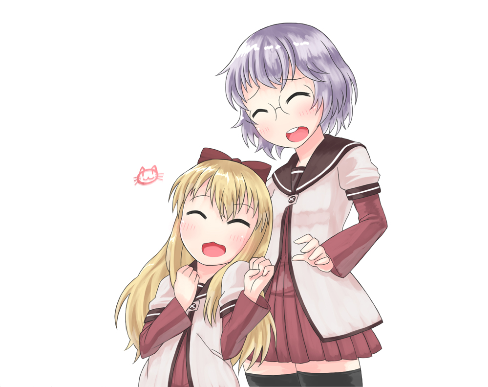 ^_^, black_legwear, blonde_hair, bow, closed_eyes, eyes_closed, glasses, grey_hair