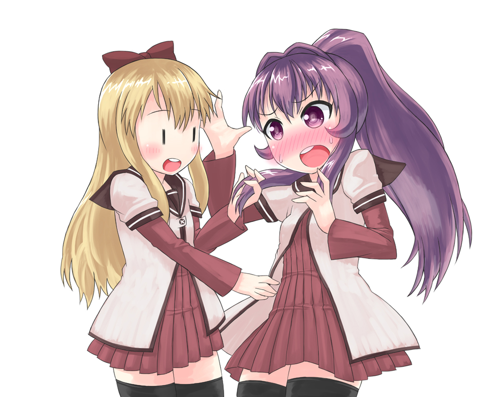 black_legwear, blonde_hair, bow, hair_bow, hair_intakes, multiple_girls, open_mouth, purple_eyes