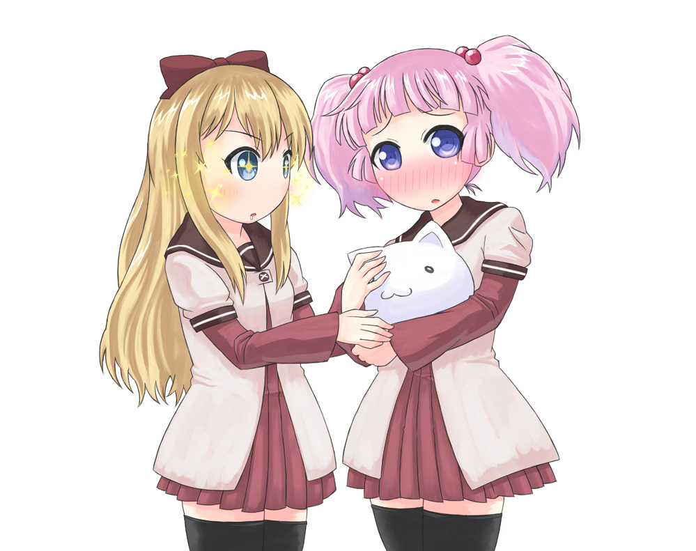 2girls, :3, black_legwear, blonde_hair, blue_eyes, bow, cat, hair_bobbles