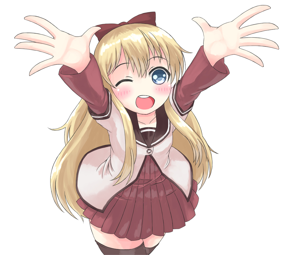 :d, ;d, arms_up, black_legwear, blonde_hair, blue_eyes, bow, carry_me