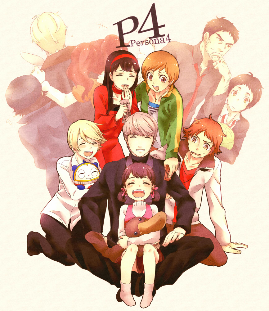 6+boys, adachi_tooru, ahoge, amagi_yukiko, beak, blonde_hair, brown_hair, cabbage, cigarette, closed_eyes, doll, doujima_nanako, doujima_ryoutarou, eyes_closed, from_behind, hairband, hanamura_yousuke, happy, hat, indian_style, jacket, jewelry, kujikawa_rise, kuma_(persona_4), list, multiple_boys, multiple_girls, multiple_persona, narukami_yuu, necklace, necktie, open_mouth, orange_hair, paper, persona, persona_4, platypus, red_hair, redhead, satonaka_chie, shin_megami_tensei, shirogane_naoto, silver_hair, sitting, sitting_on_lap, sitting_on_person, skllp, smile, smoking, tatsumi_kanji