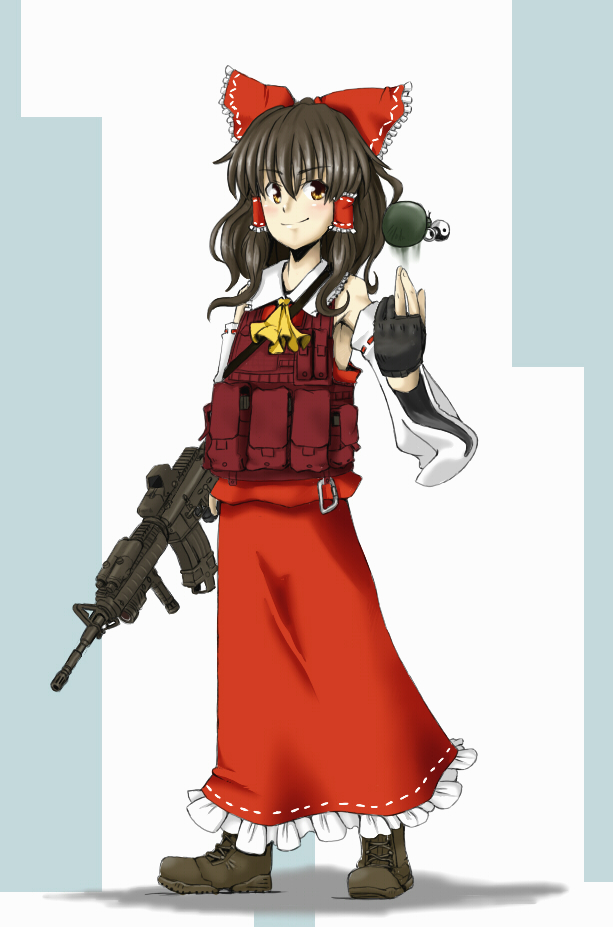 artist_request, assault_rifle, blush, boots, bow, brown_hair, dress, explosive, grenade, gun, hair_bow, hakurei_reimu, japanese_clothes, load_bearing_vest, long_hair, m4_carbine, mekahisui, miko, operator, orb, rifle, smile, solo, tactical_vest, touhou, vertical_foregrip, weapon, yellow_eyes, yin_yang