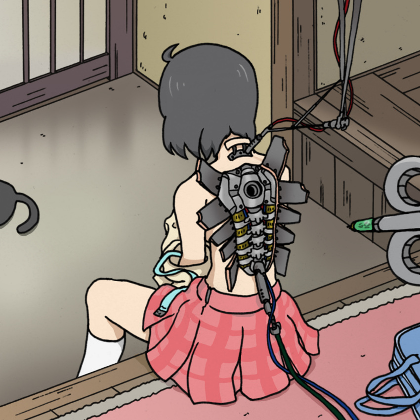 ahoge, android, artist_request, bag, black_hair, cat, entry_plug, highres, nichijou, ninja_man, sakamoto_(nichijou), school_uniform, shinonome_nano, short_hair, topless, winding_key