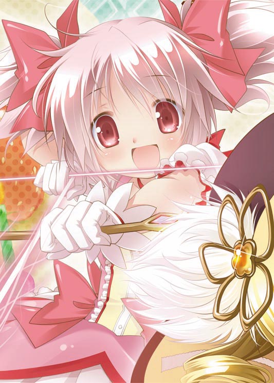 blonde_hair, bow, bow_(weapon), drill_hair, gloves, hair_bow, hair_ornament, kaname_madoka