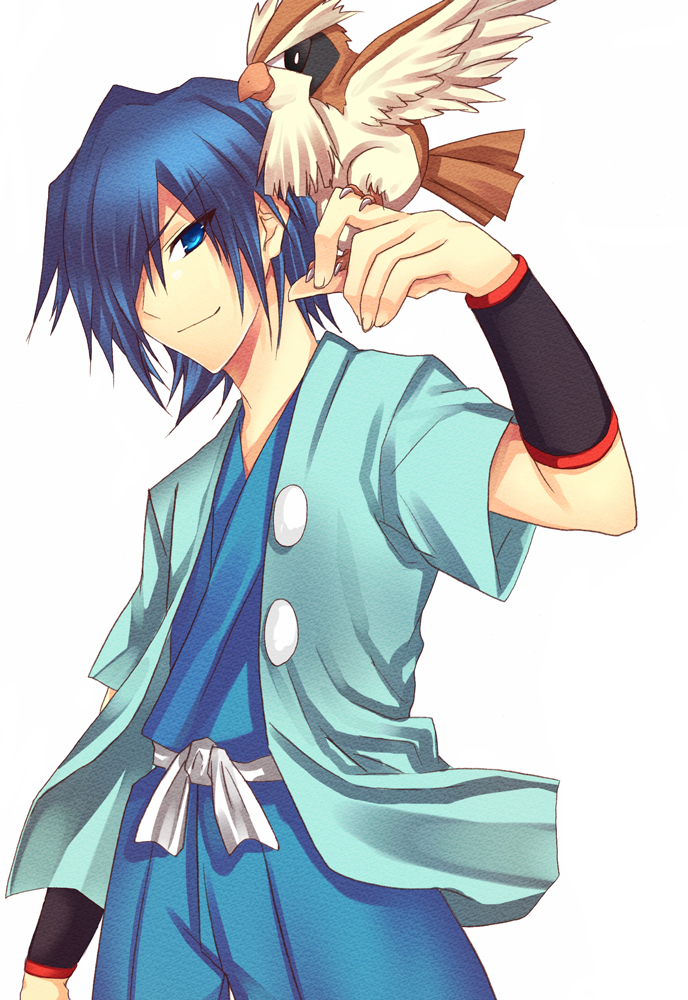 blue_hair, hayato_(pokemon), japanese_clothes, pidgey, pokemon, pokemon_(game), pokemon_gsc, saigi