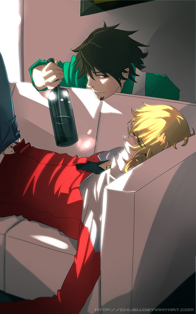 alcohol, barnaby_brooks_jr, belt, blonde_hair, brown_eyes, brown_hair, chijeu, couch, facial_hair, glasses, green_eyes, jacket, jewelry, kaburagi_t_kotetsu, male, multiple_boys, necklace, necktie, red_jacket, short_hair, stubble, studded_belt, tiger_&amp;_bunny, vest, waistcoat, watermark, web_address