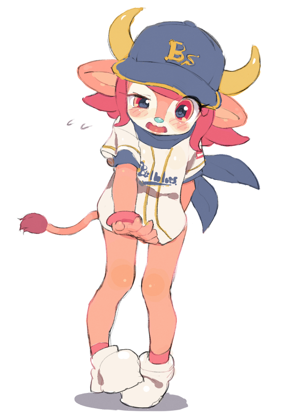baseball_jersey, bloomers, blush, bottomless, buffalo_bell, clothes_writing, gloves, hat