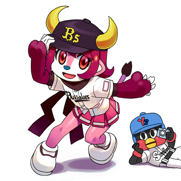 baseball_jersey, bloomers, buffalo_bell, clothes_writing, entarou, gloves, hat, horns, mascot, nippon_professional_baseball, orix_buffaloes, pink, pink_eyes, pink_hair, pleated_skirt, red_eyes, shigehiro_(artist), short_hair, simple_background, skirt, solo, tail, tokyo_yakult_swallows