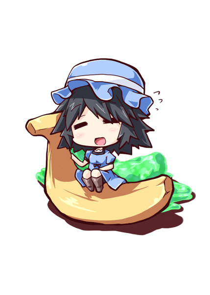 banana, black_hair, chibi, closed_eyes, dress, eyes_closed, food, fruit