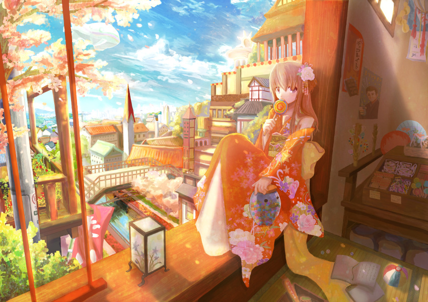 bridge, brown_hair, canal, candy, cherry_blossoms, city, cityscape, cloud