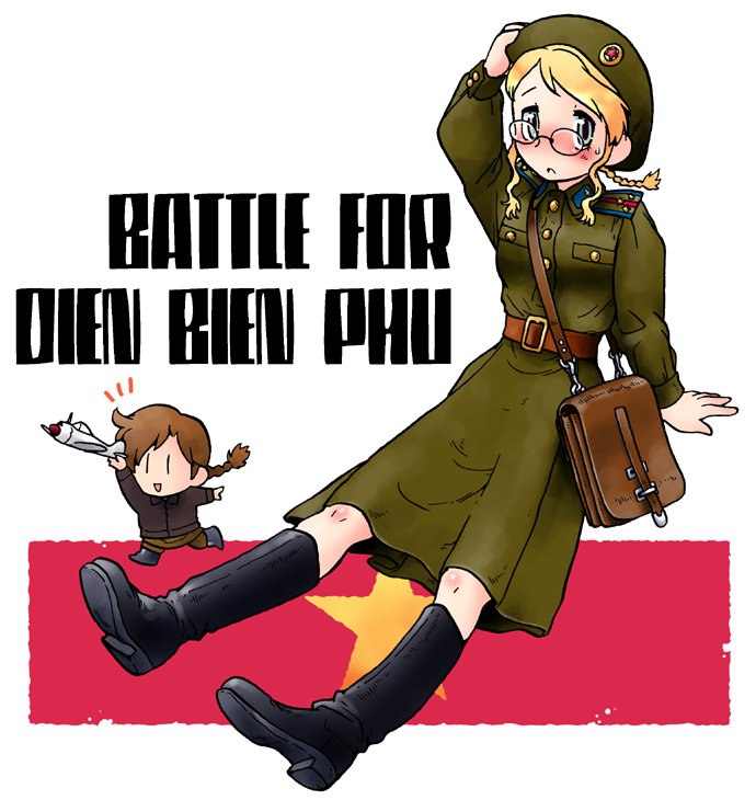 airplane, arm_support, bag, bashauma_senki, blonde_hair, blush, boots, braid, brown_hair, chibi, glasses, hand_on_hat, hat, hayami_rasenjin, irina_khodynskaya, maria_arkadievna_kharchenko, military, military_uniform, model, multiple_girls, political_commissar, shoulder_bag, sitting, soviet, star, sweatdrop, uniform, vietnam, |_|
